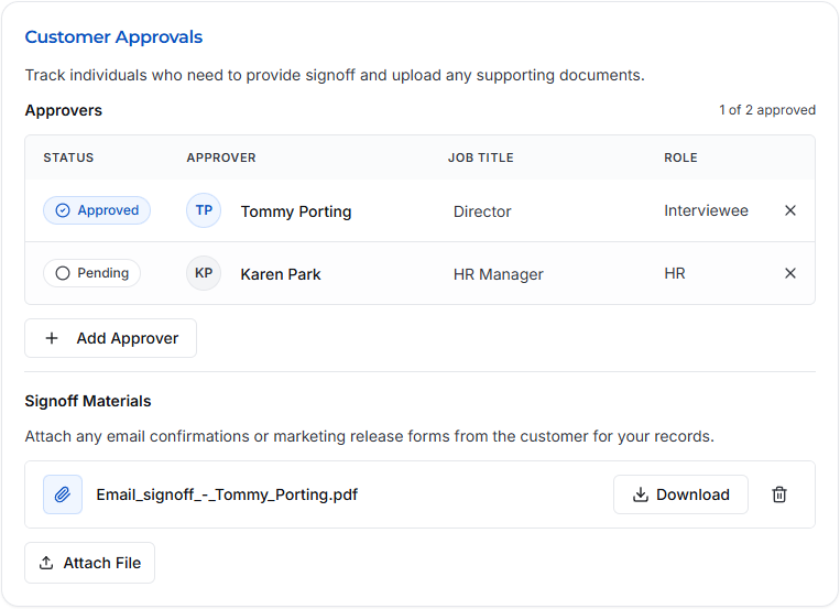 Customer Approvals showing approved and pending approvers with signoff materials