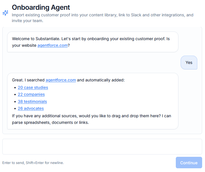 Onboarding Agent importing case studies, companies, testimonials and advocates