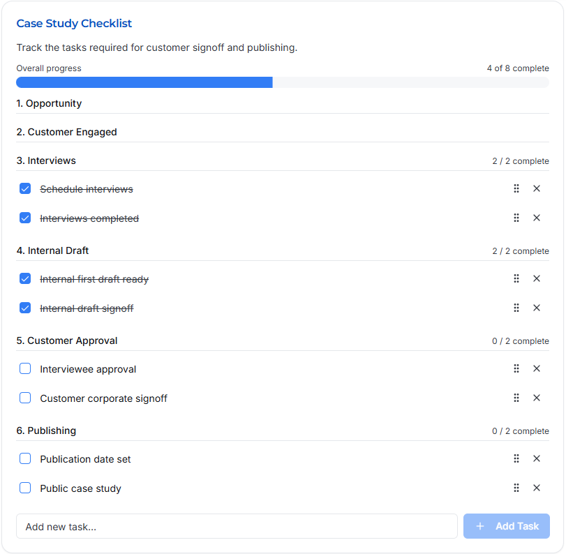 Case Study Checklist tracking completed interviews, drafts, approvals and publishing tasks